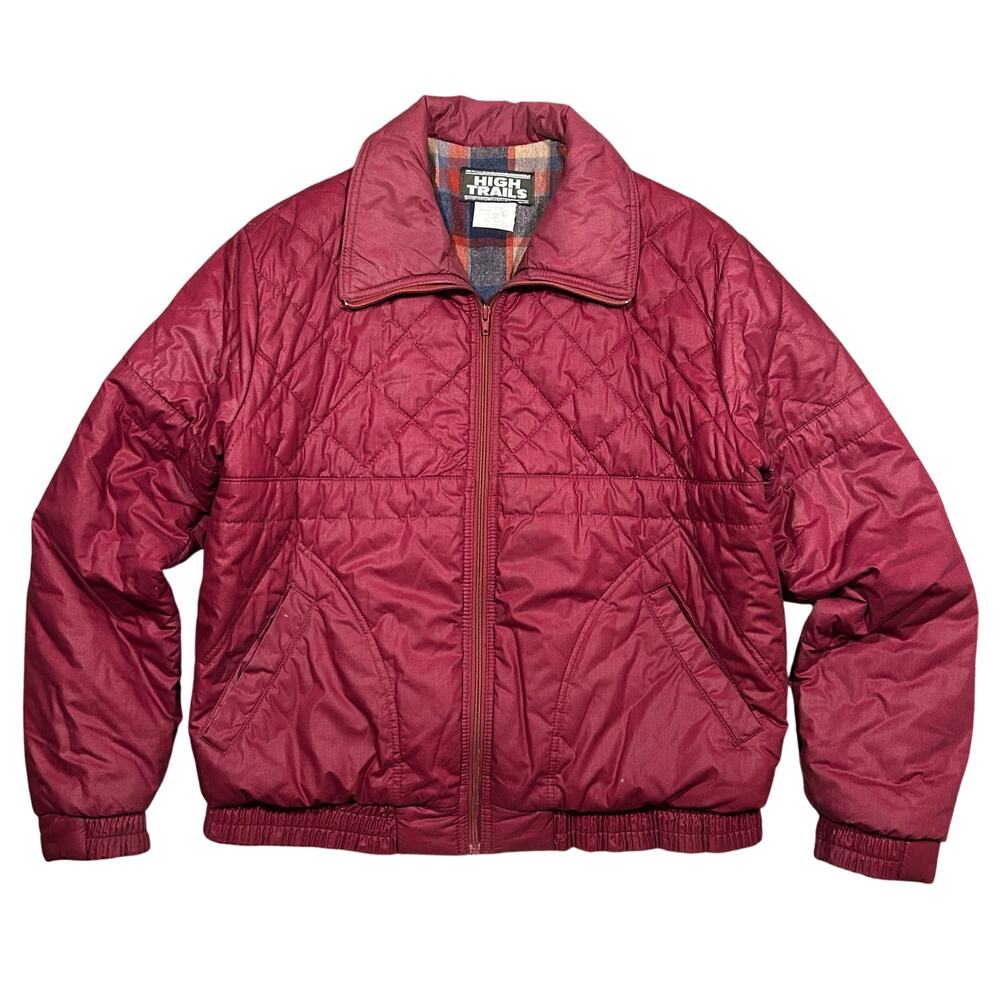 Vintage 80s High Trails Puffer Jacket Mens Large Plaid Flannel Lined Red Zip